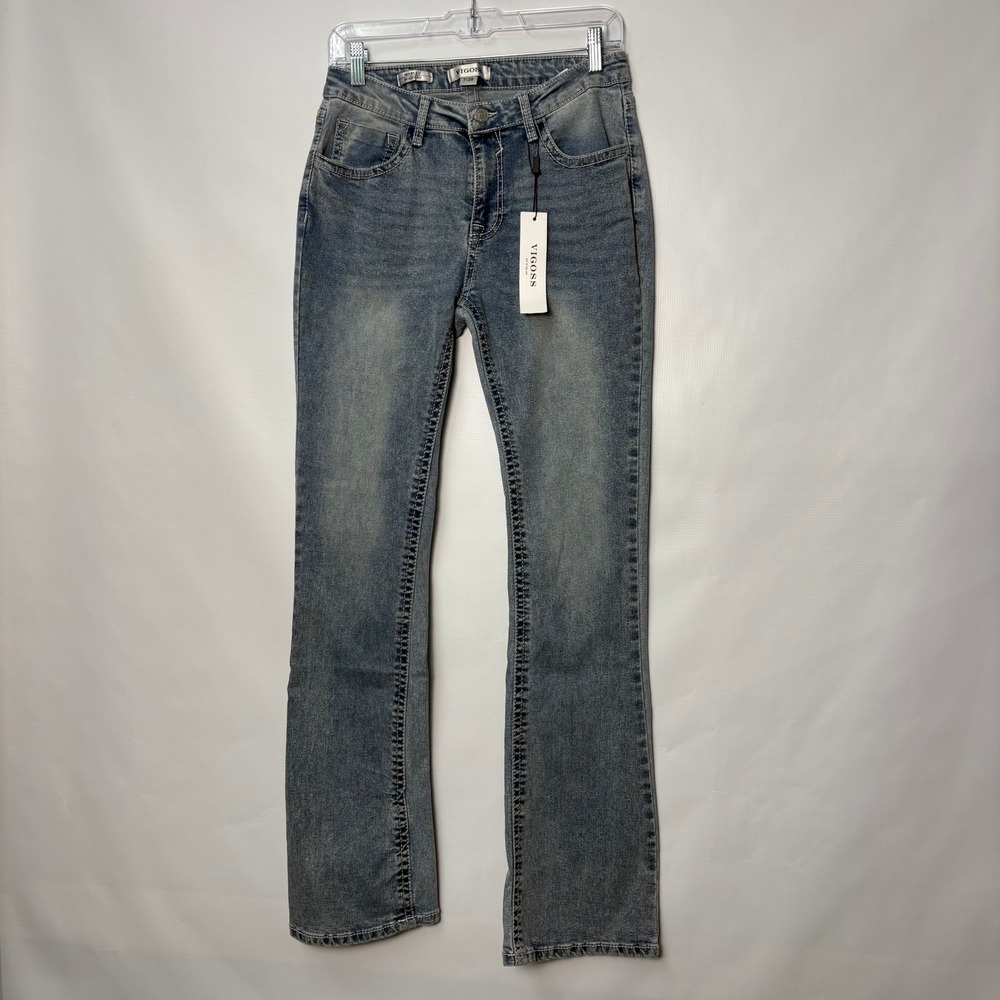 Vigoss Marley Boot Cut Jeans Womens 7/28 Light Wash Blue Embroidered Pockets NEW